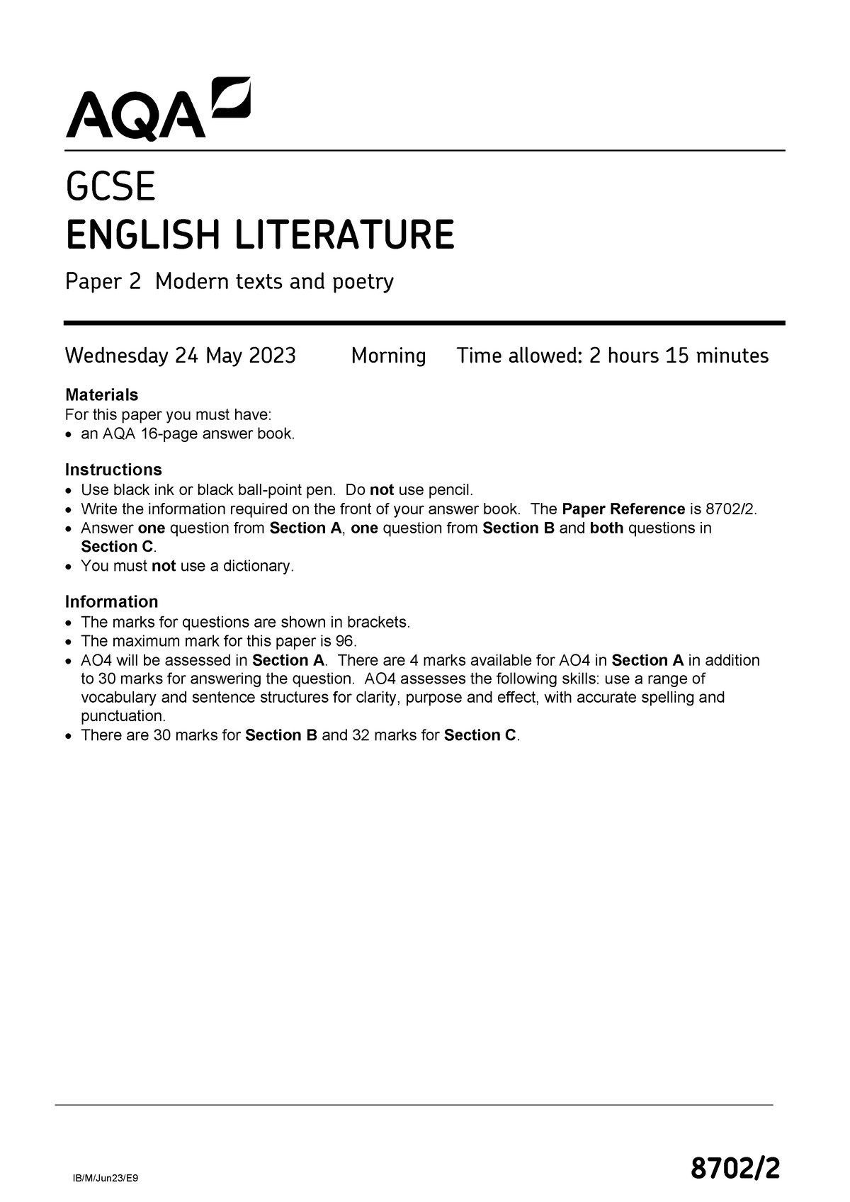 English Literature 2023 Poems IB M Jun23 E 9 8702 Wednesday 24 May 