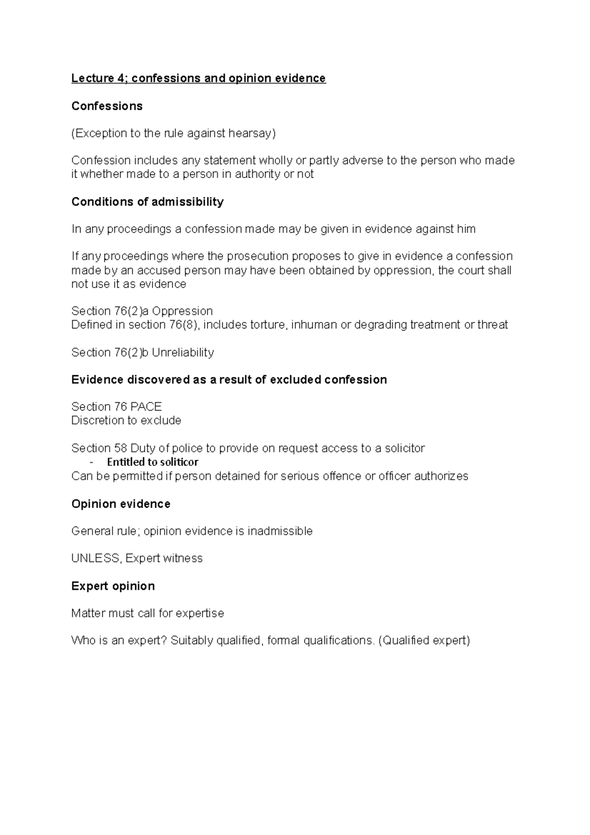 Criminal Lecture Notes - Lecture 4; confessions and opinion evidence ...