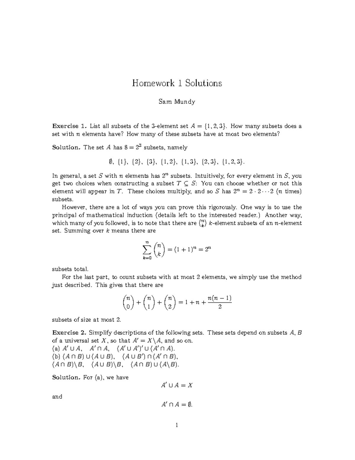 Solutions 1 - Helpful - Homework 1 Solutions Sam Mundy Exercise 1. List ...