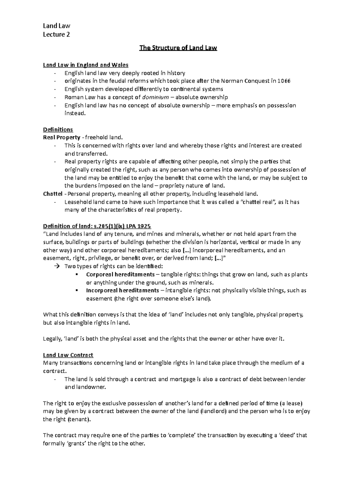 The Structure of Land Law Lecture 2 The Structure of Land Law Land