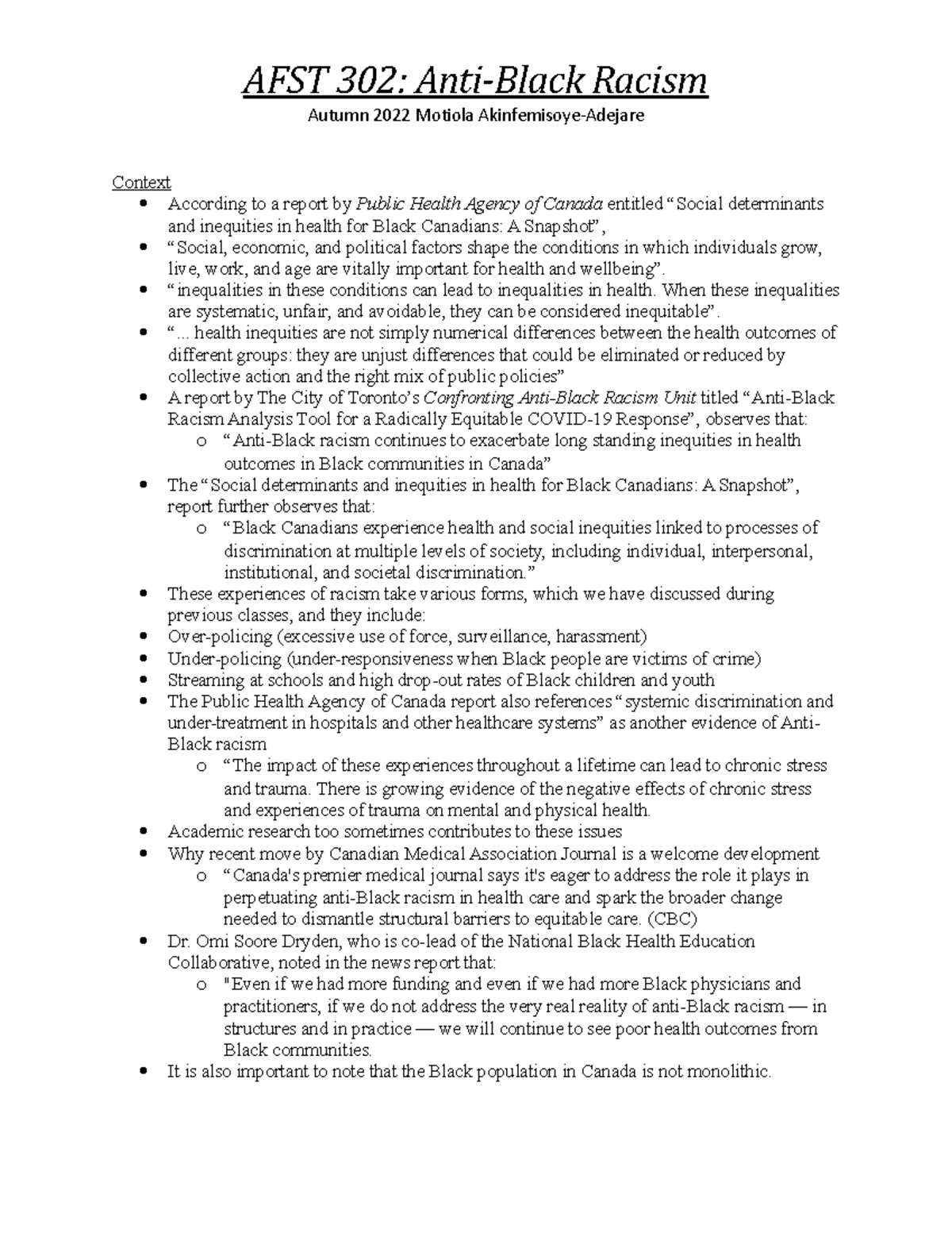 African Studies Anti-Black Racism P3 - African 301 - UCalgary - Studocu