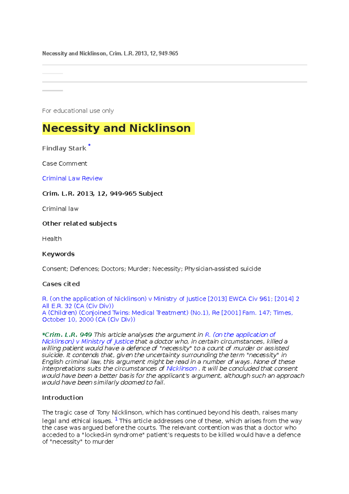 Necessity And Nicklinson - L. 2013, 12, 949- For Educational Use Only ...