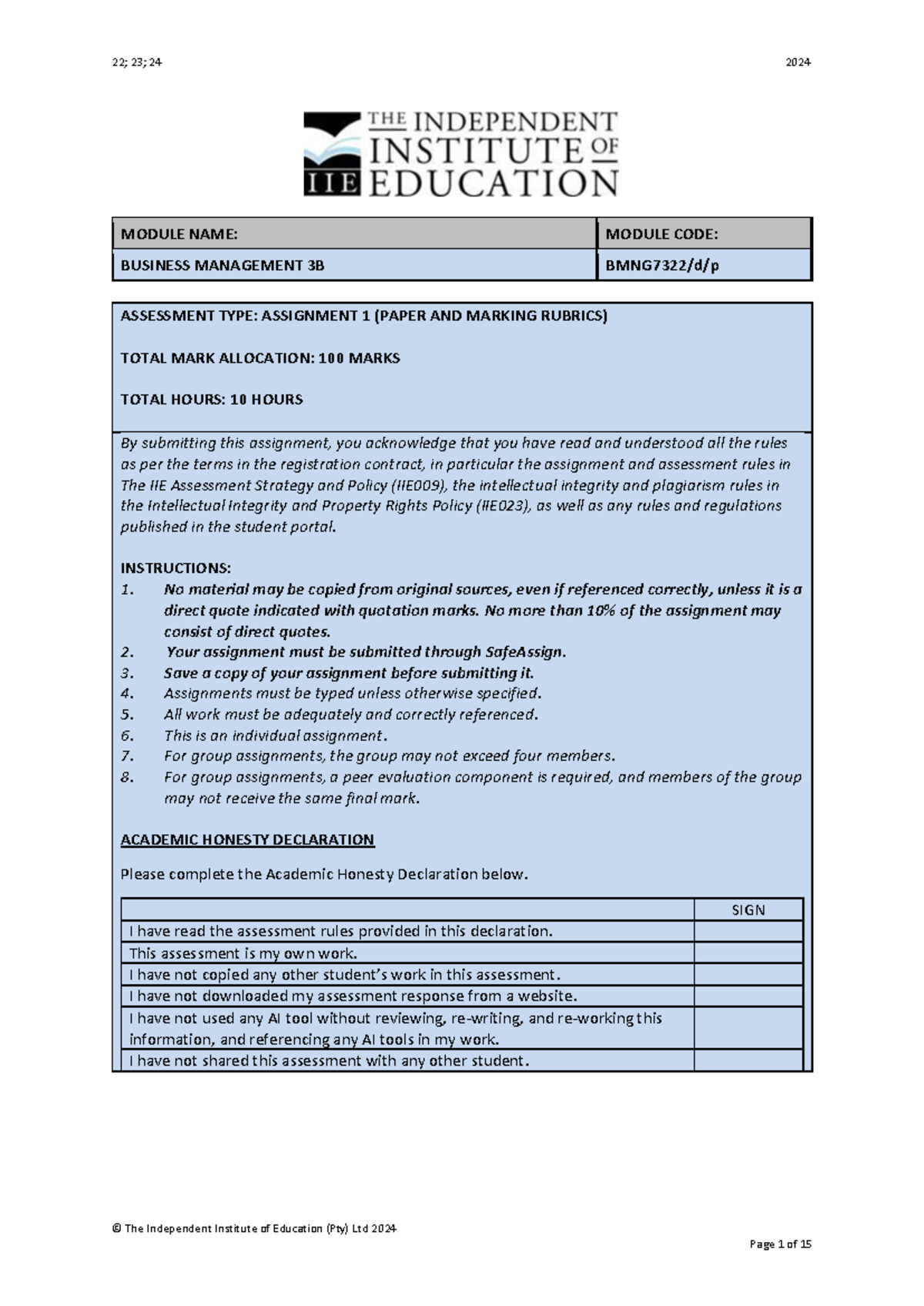 BMNG7322 A1 FT - Business management assignment - © The Independent ...