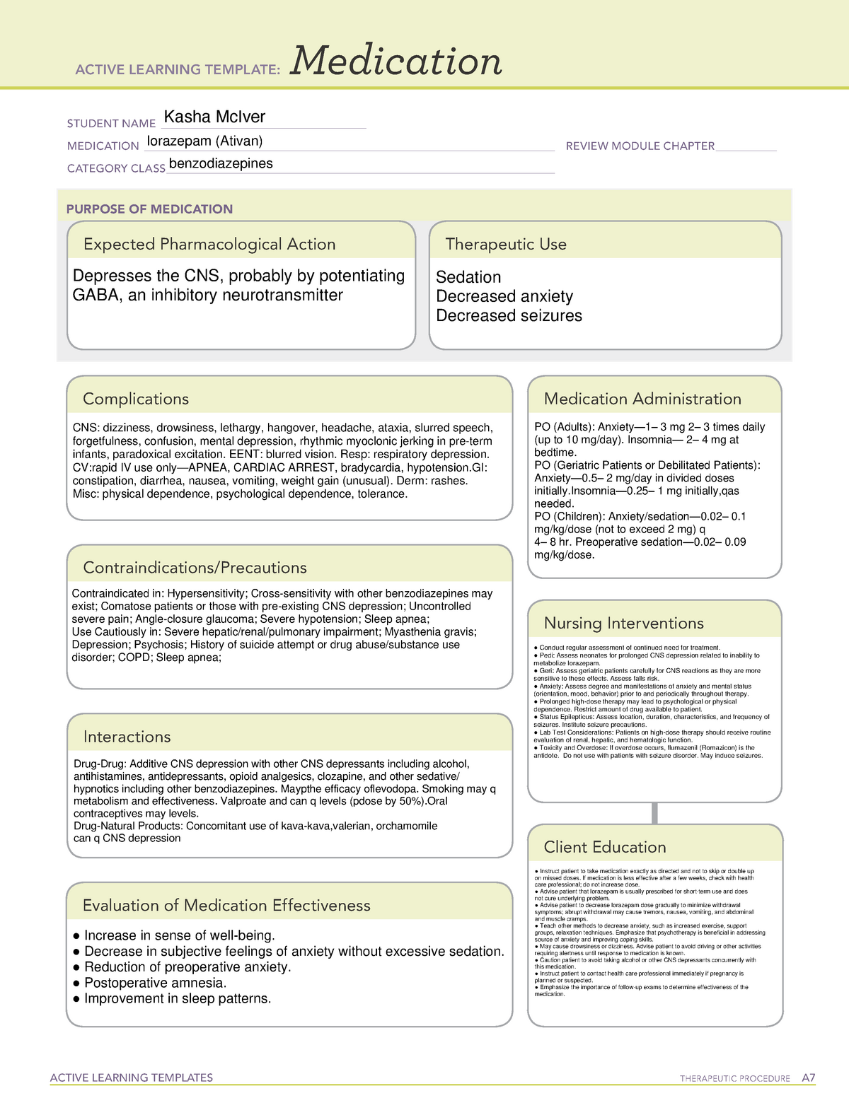 Ativan drug card for maternity clinical ACTIVE LEARNING TEMPLATES
