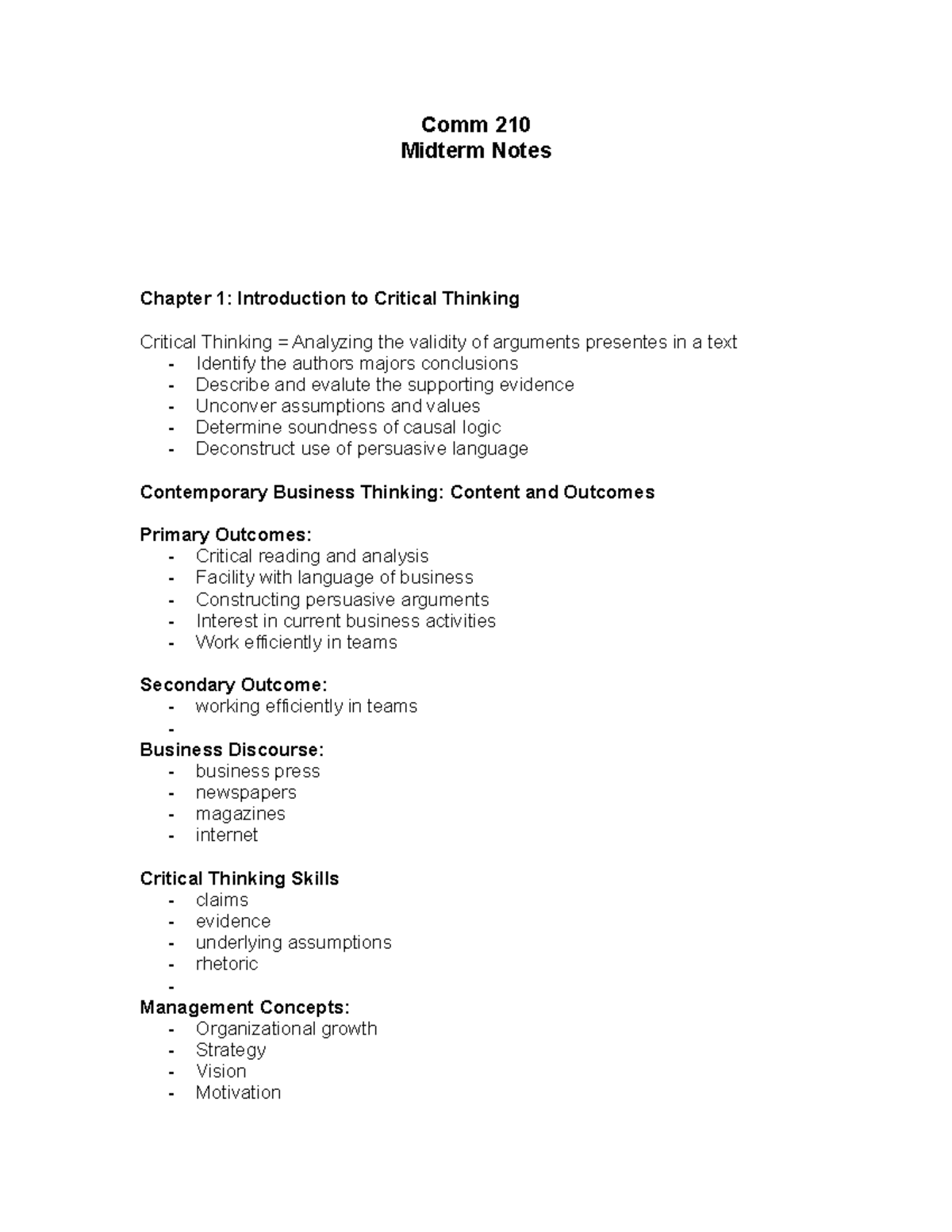 Midterm Notes For Critical Thinking Introduction Lecture - Comm 210 ...