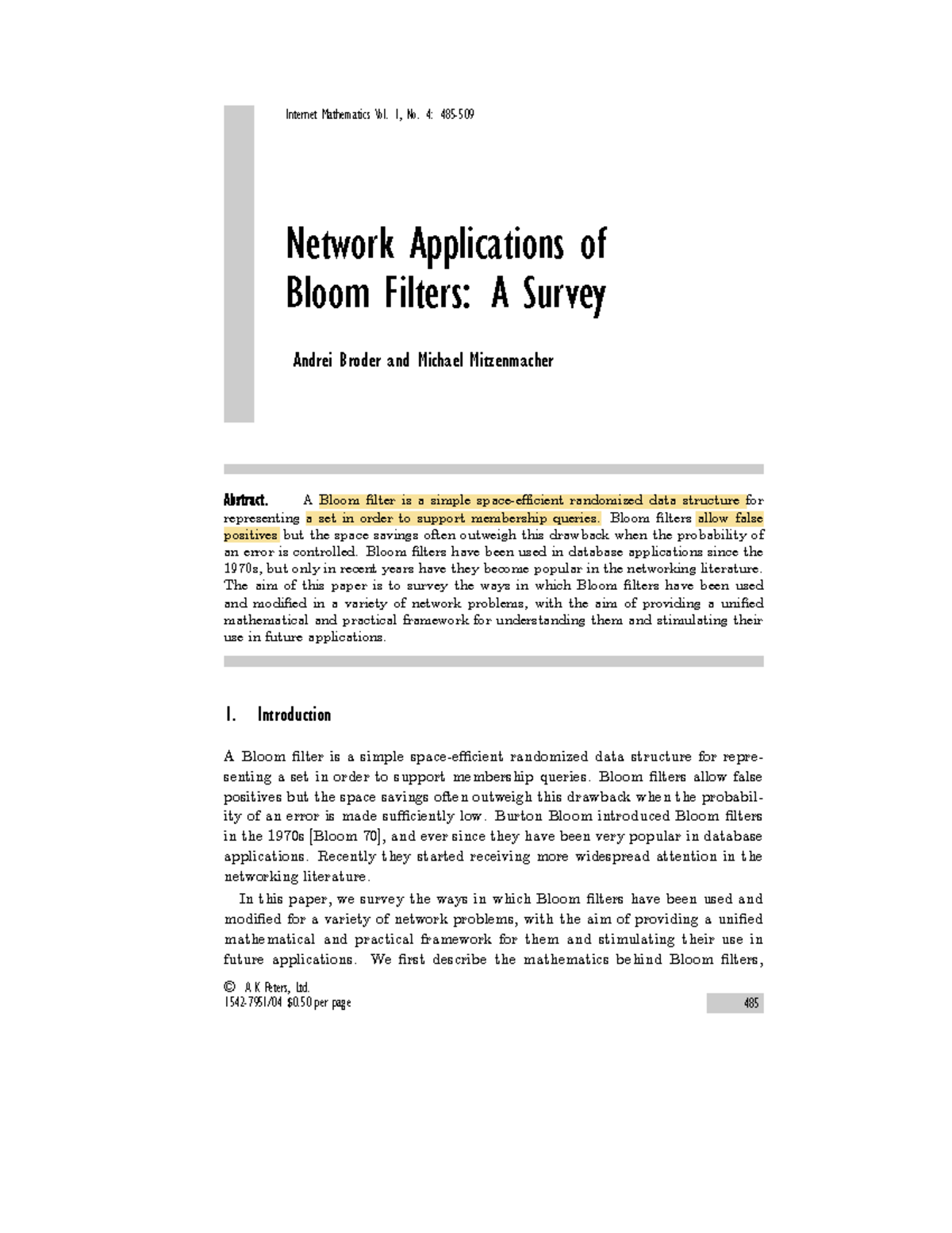 Bloom filter - Internet Mathematics Vol. 1, No. 4: 485- Network ...