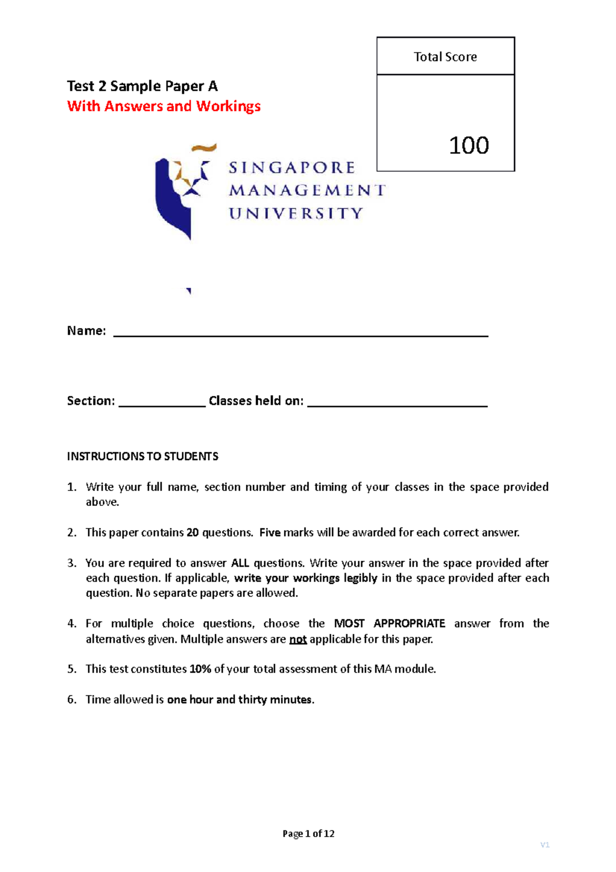Paper 2A ans - Management accounting test - Total Score Test 2 Sample ...