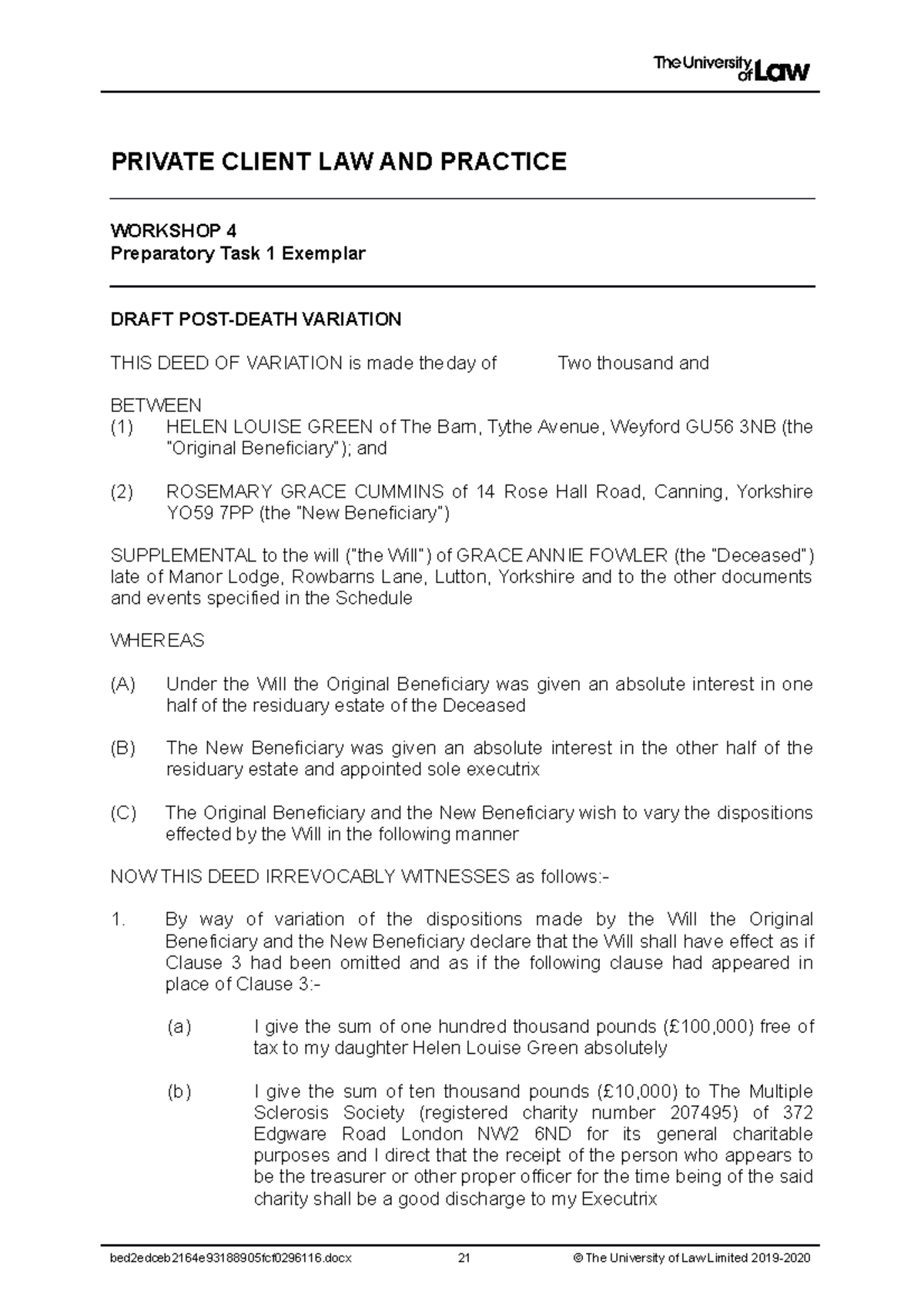 1920 priv ws04 ce02 prep task 01 exemplar t - PRIVATE CLIENT LAW AND ...