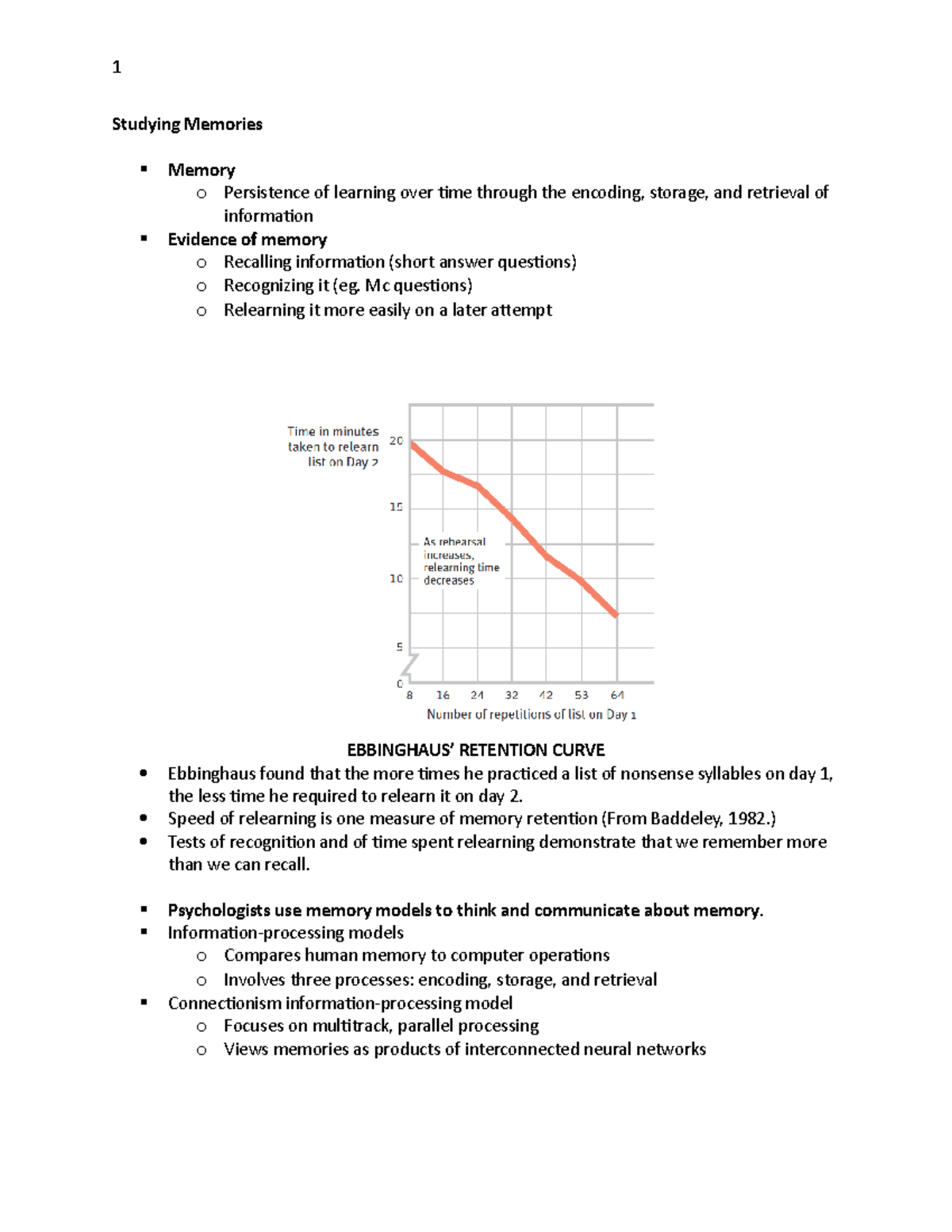 Psych Chap 8 - lecture notes - Studying Memories Memory o Persistence ...