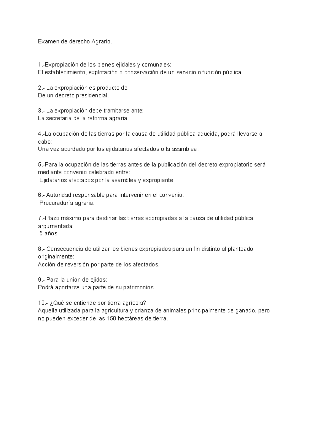 Examendederechoagrario 1 - Examen De Derecho Agrario. 1.-Expropiación ...