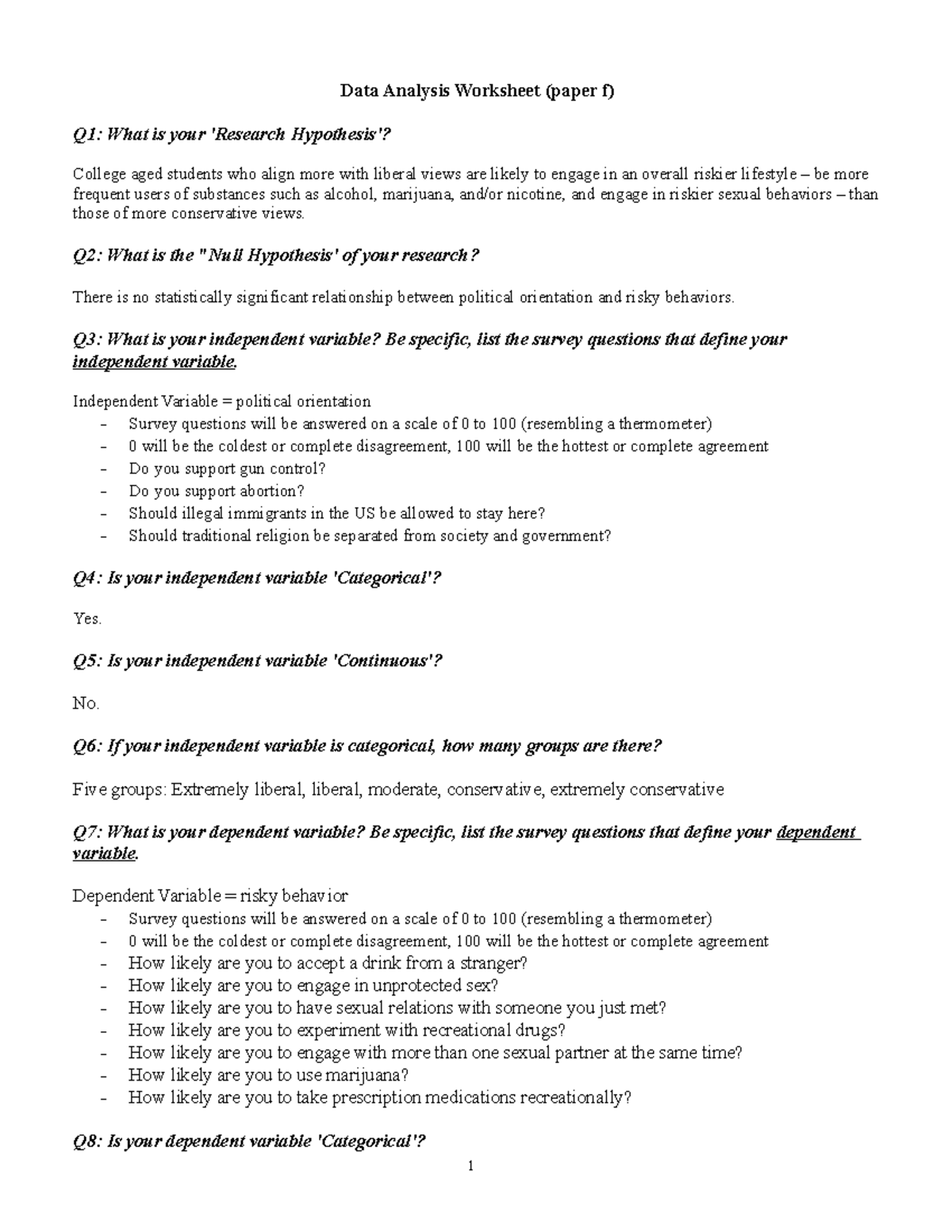 Paper F - Data Analysis Worksheet (paper f) Q1: What is your 'Research ...