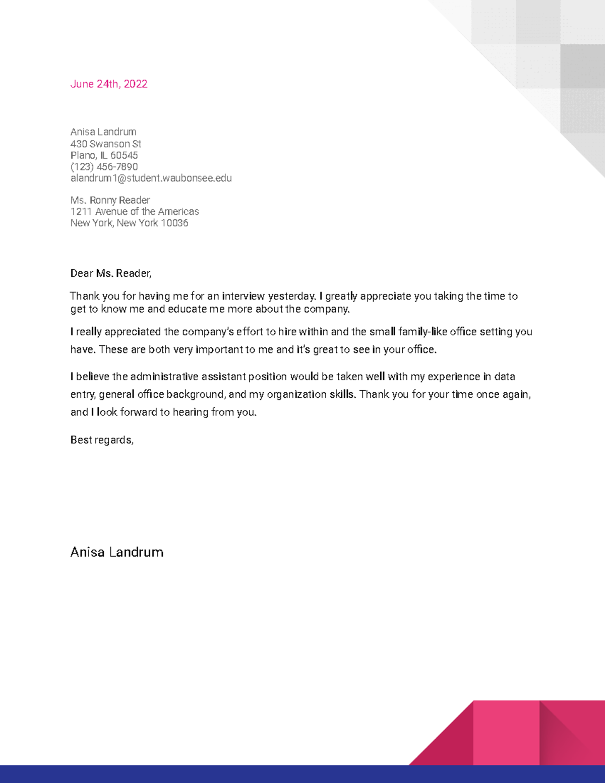 Business letter - June 24th, 2022 Anisa Landrum 430 Swanson St Plano ...