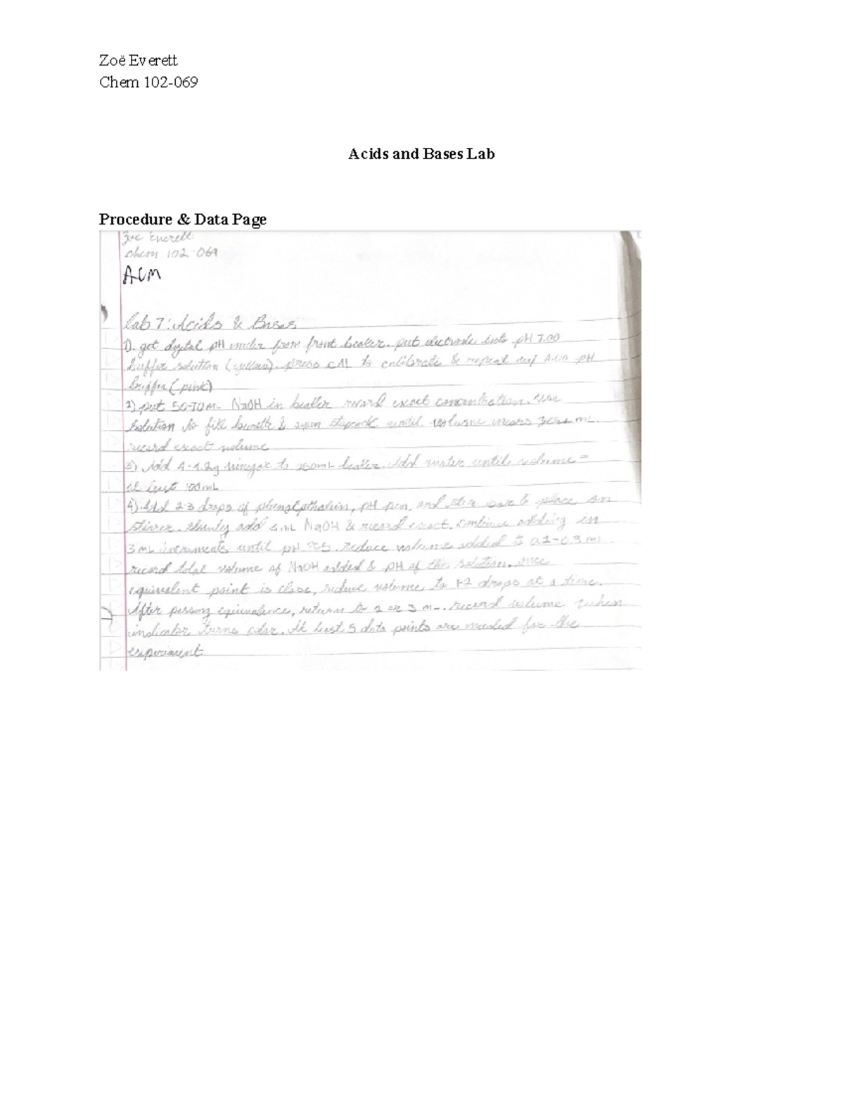 Lab Report 7 Acids and Bases Chem 102 Acids and Bases Lab Procedure
