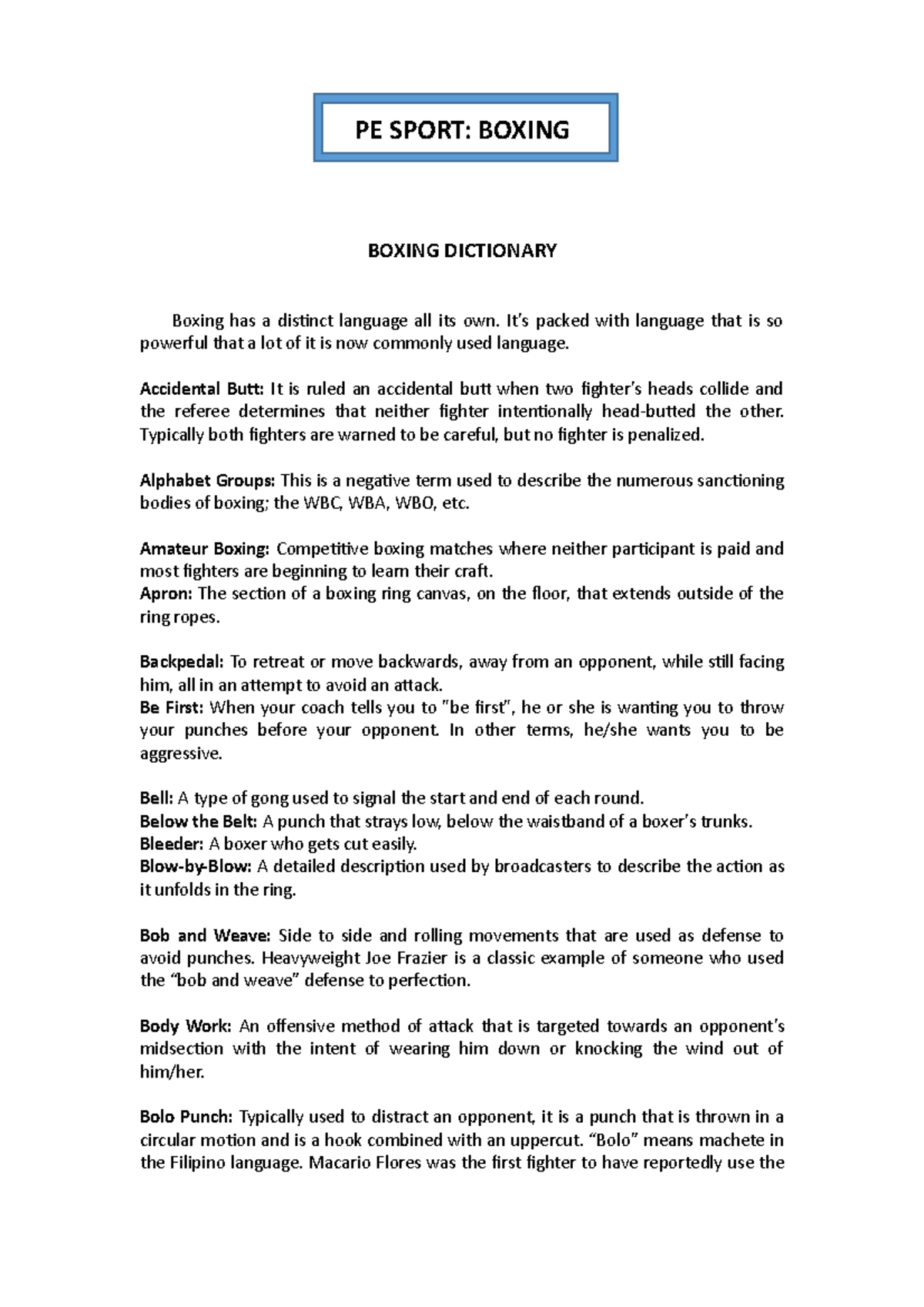 Boxing terminologies - PE SPORT: BOXING BOXING DICTIONARY Boxing has a ...