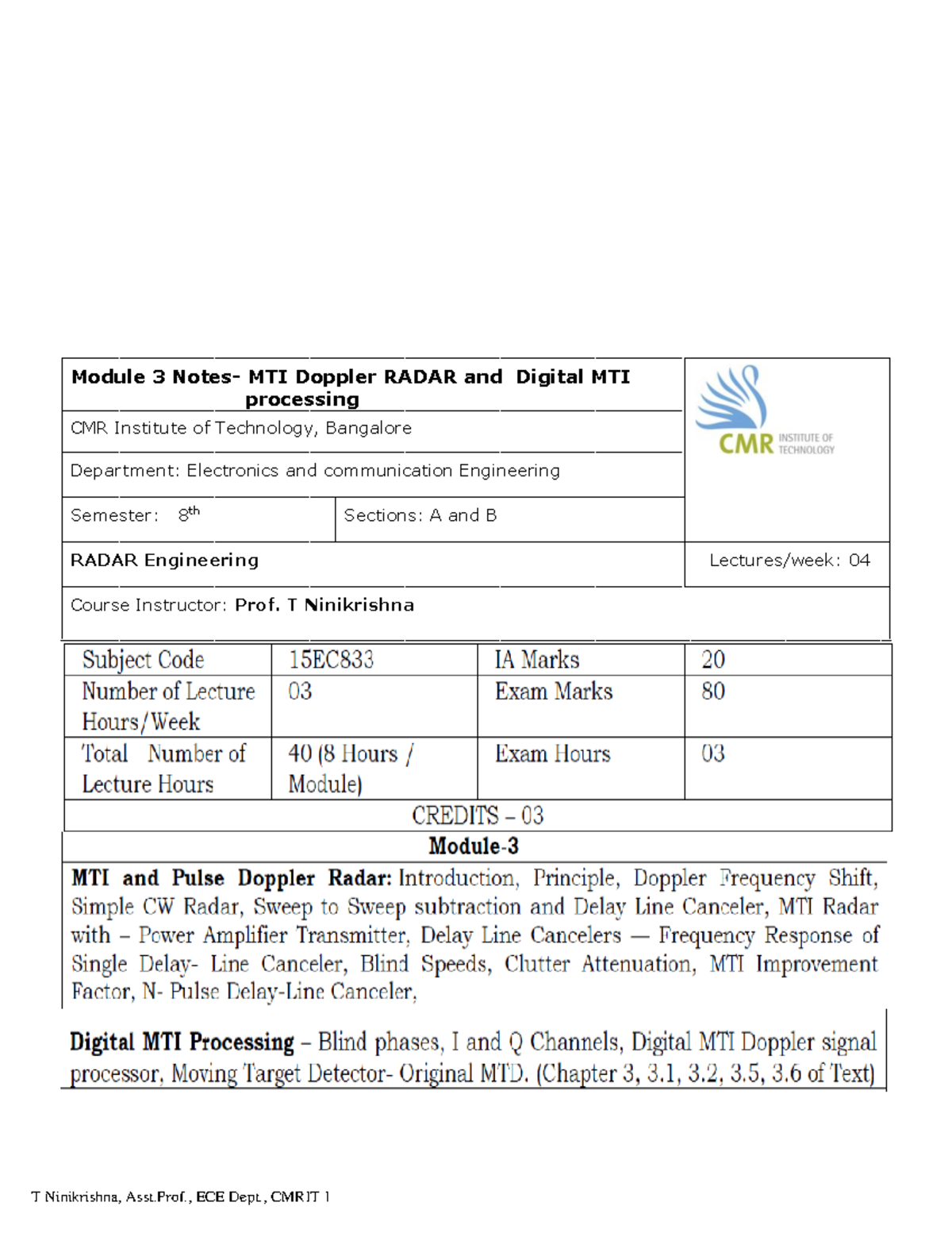 M3 Lecture notes 3 Radar engineering Module 3 Notes MTI Doppler
