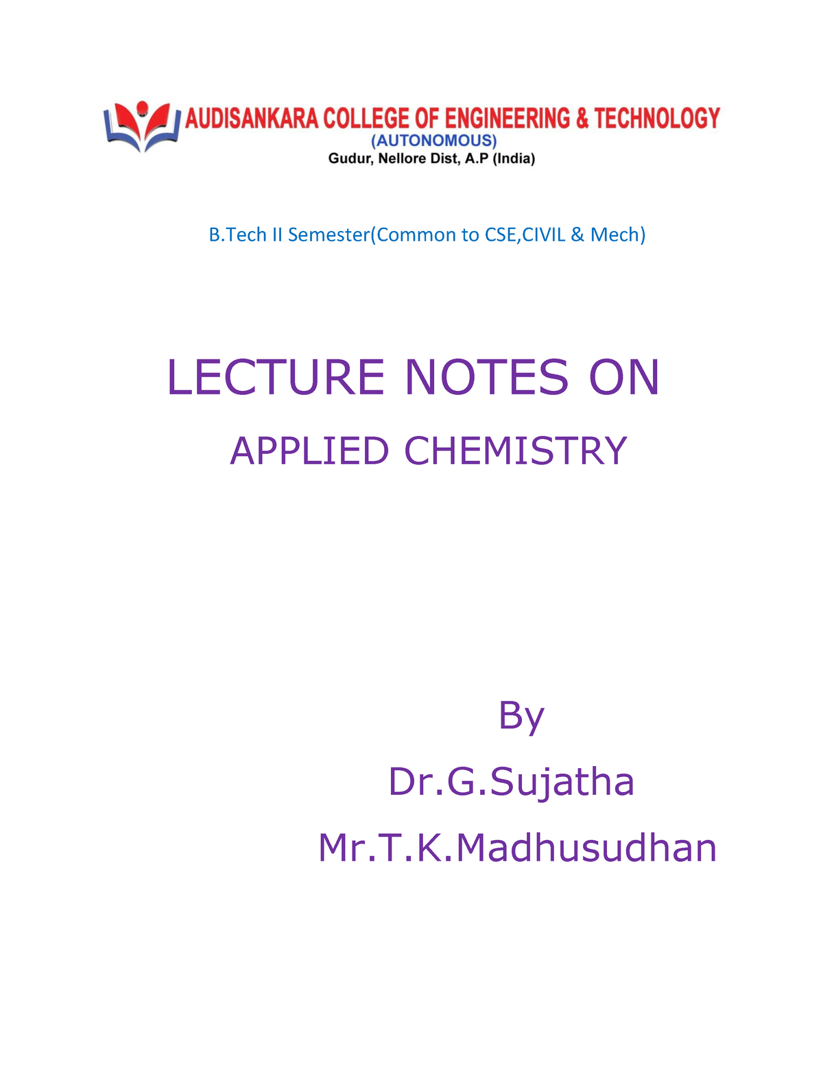 Applied Chemistry - B II Semester(Common To CSE,CIVIL & Mech) LECTURE ...