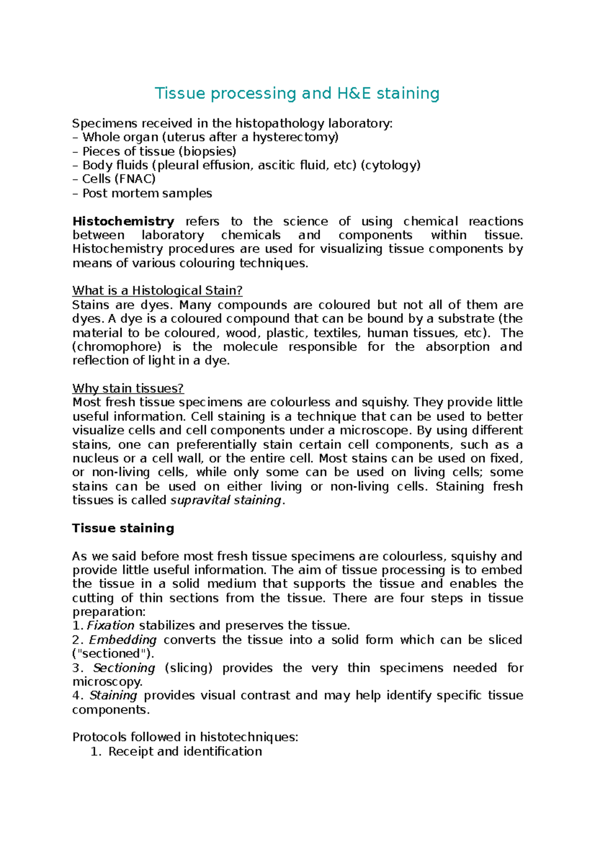 Week 14 Tissue processing and H&E staining - Tissue processing and H ...