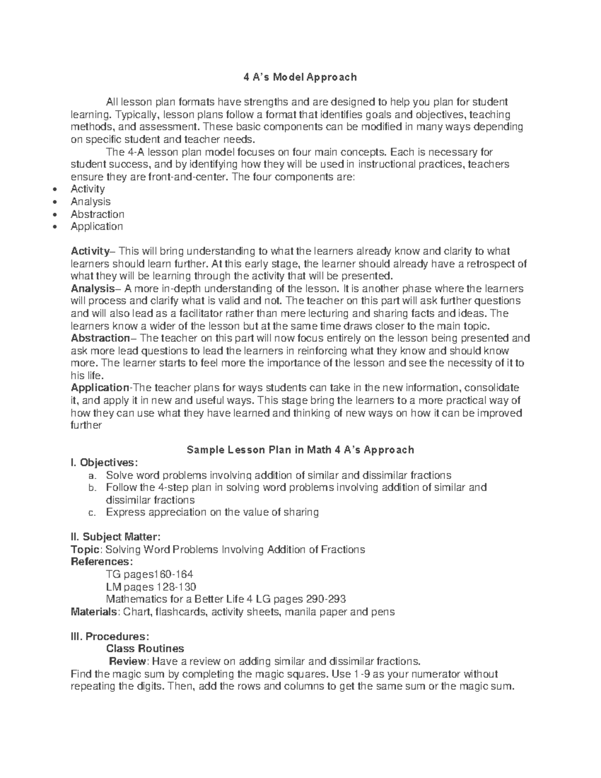 4as-LP - Lesson planning - 4 A’s Model Approach All lesson plan formats ...