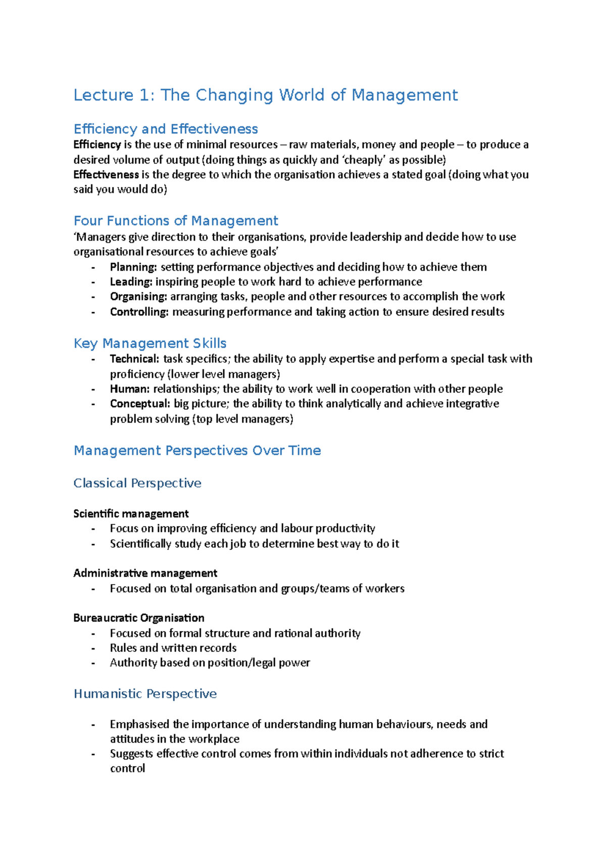 Lecture Notes - Lecture 1: The Changing World of Management Efficiency ...