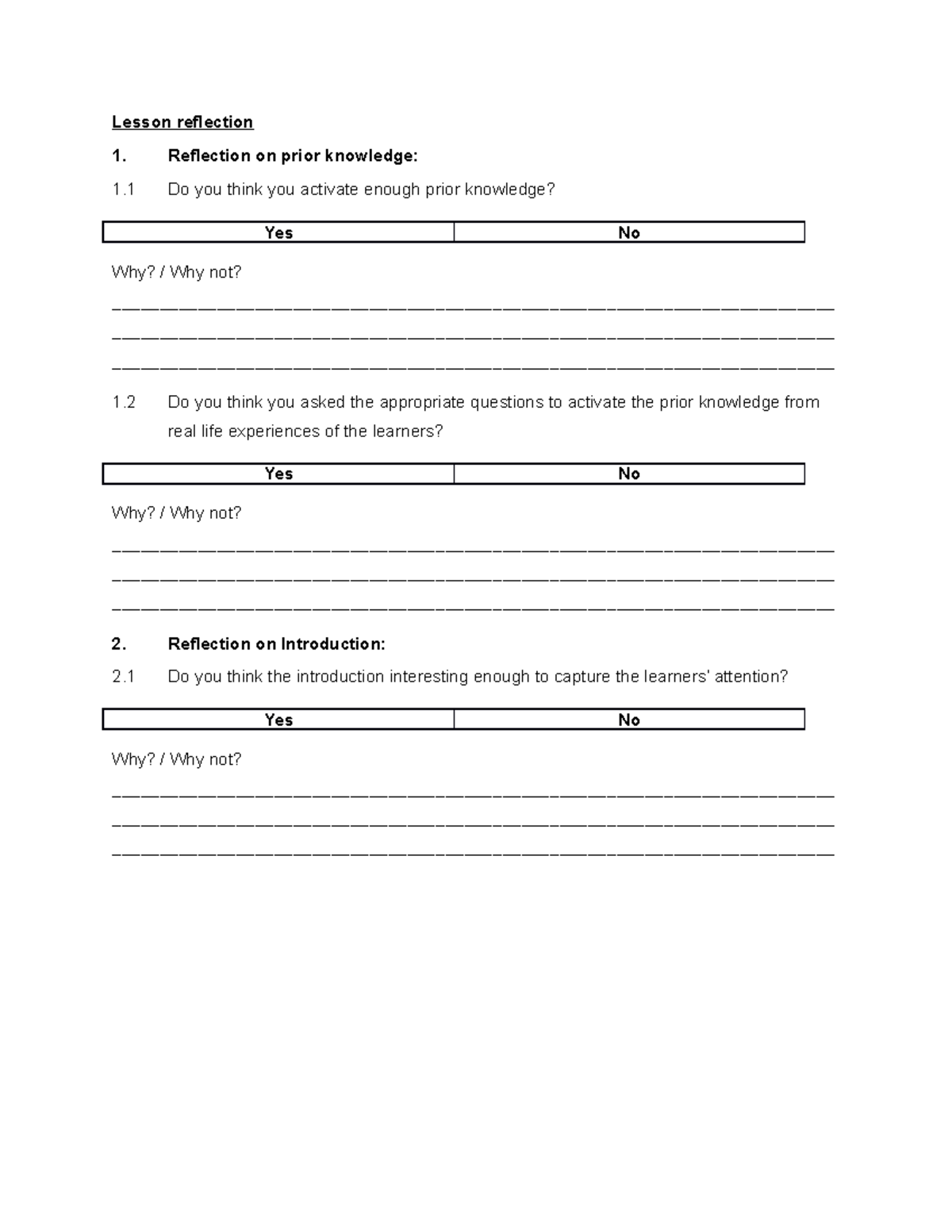 Lesson reflection - WIL Ass 3 C 2022 - Lesson reflection 1. Reflection ...