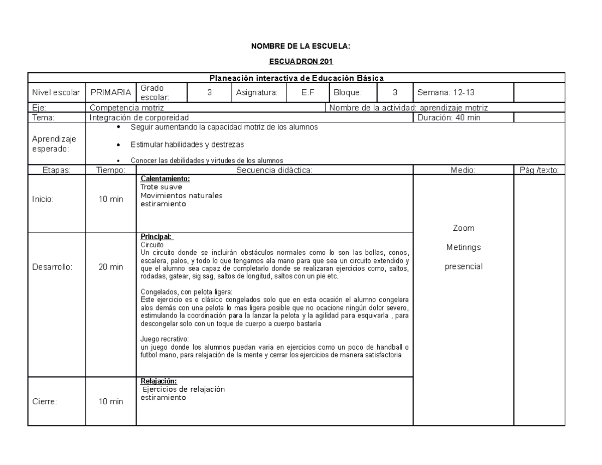 Didactica DE LA Educacion Fisica - planeacion 3er año primaria - NOMBRE