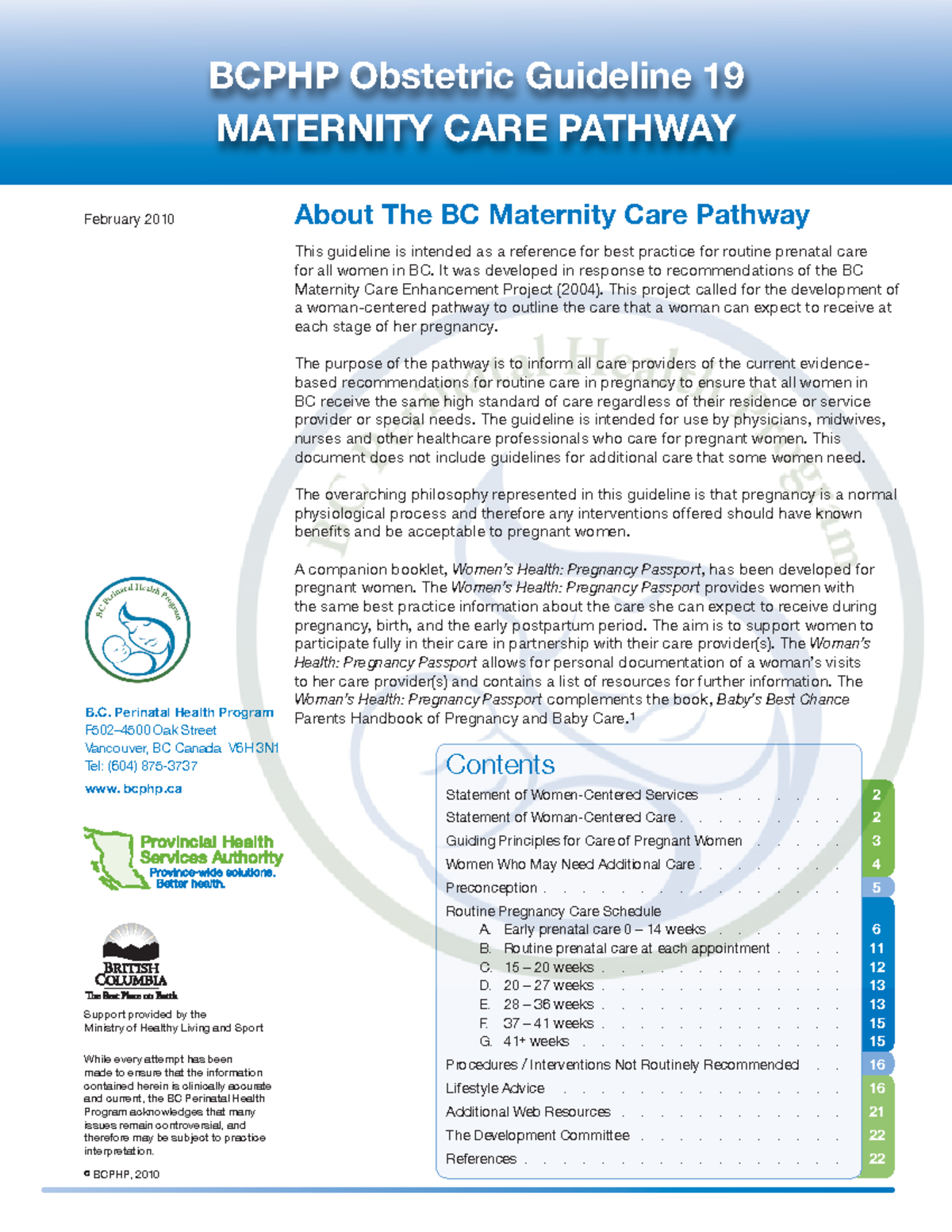 Maternity Care Pathway - February 2010 B. Perinatal Health Program F502 ...