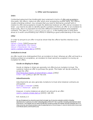 Offer and acceptance notes - CONTRACT LAW Revision notes Contract: ‘A ...