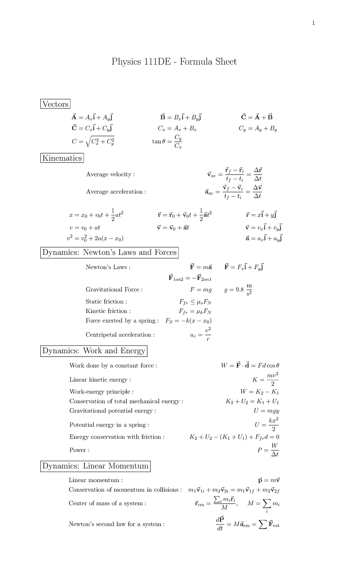 Phys111DE Formula Sheet - 1 Physics 111DE - Formula Sheet Vectors ~ A ...