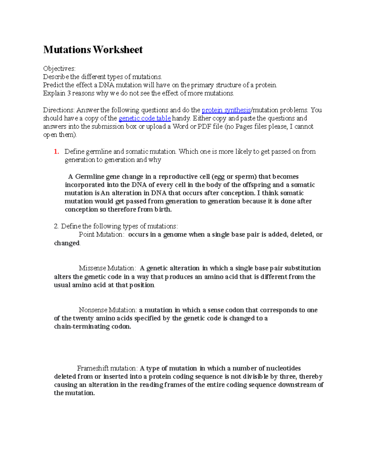 Copy of Mutations Worksheet Mutations Worksheet Objectives Describe