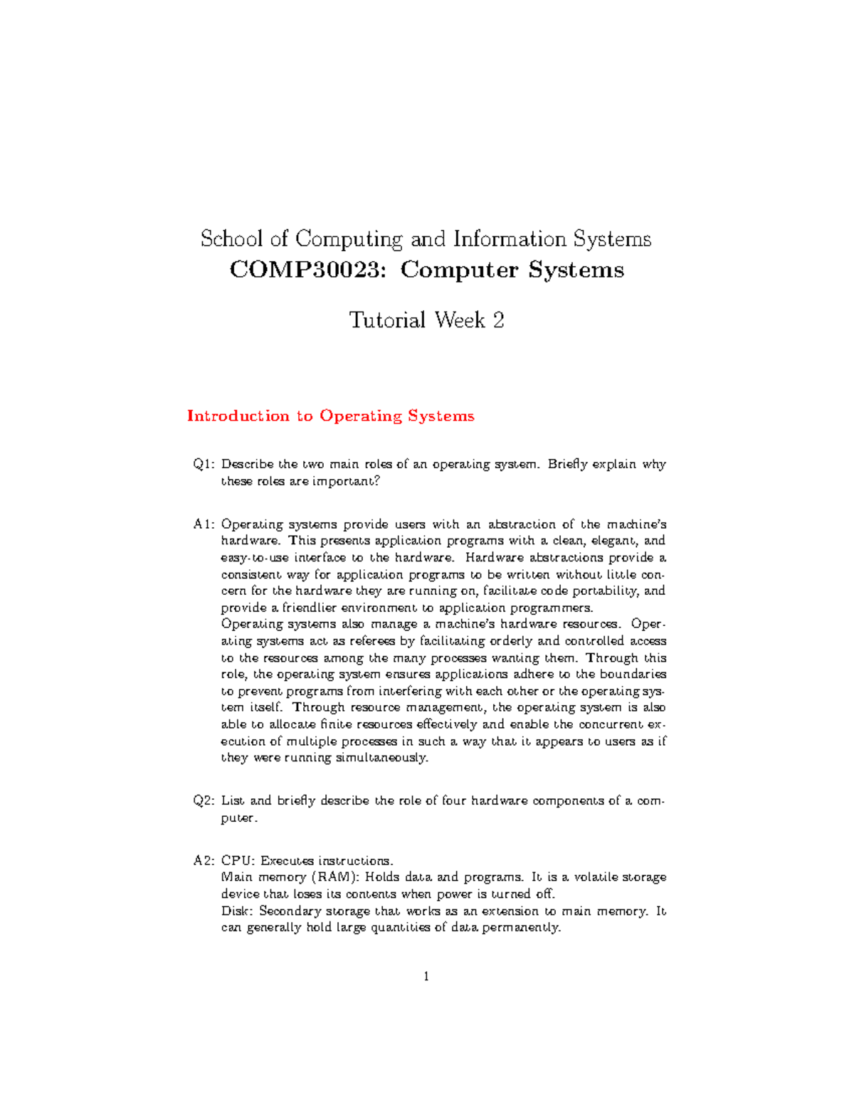 Tutorial 2 introduction to operating systems solutions - School of ...