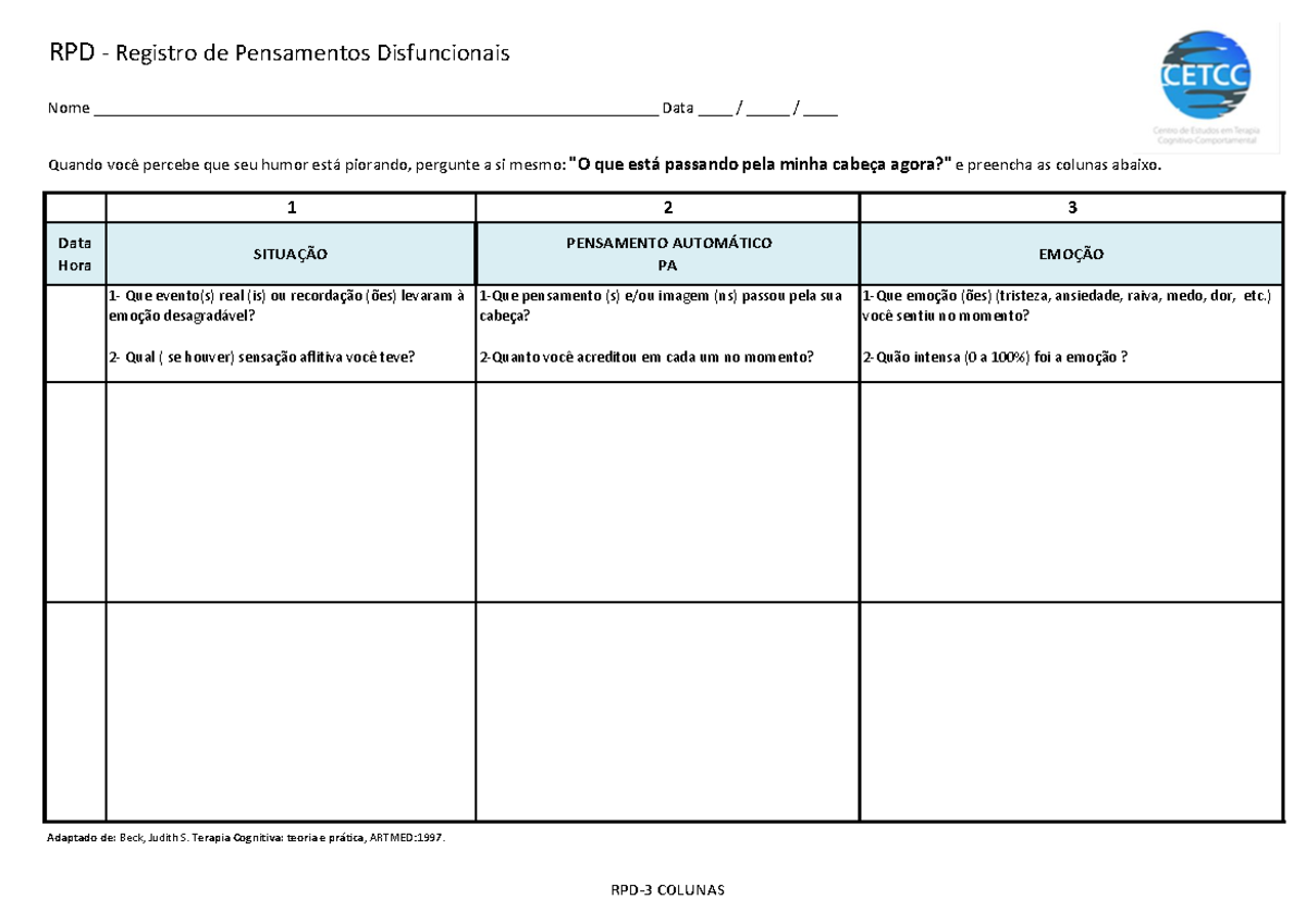 Formulario – RPD 3 colunas - 1 2 3 Data Hora SITUAÇÃO PENSAMENTO ...