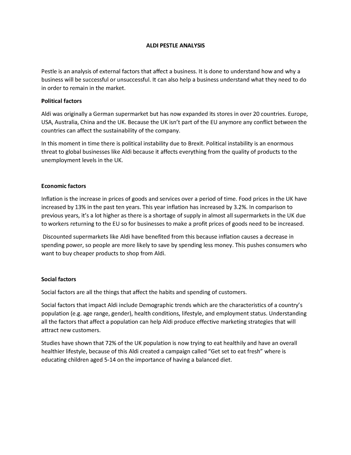 ALDI Pestle Analysis - ALDI PESTLE ANALYSIS Pestle Is An Analysis Of ...