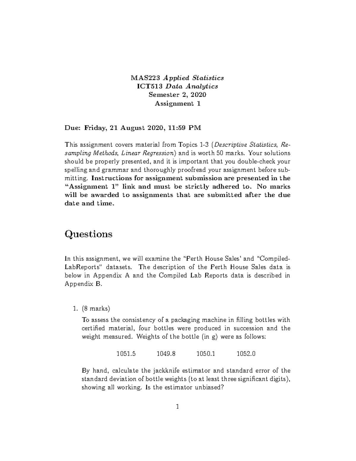 Assignment 1 Solutions - MAS223Applied Statistics ICT513Data Analytics ...