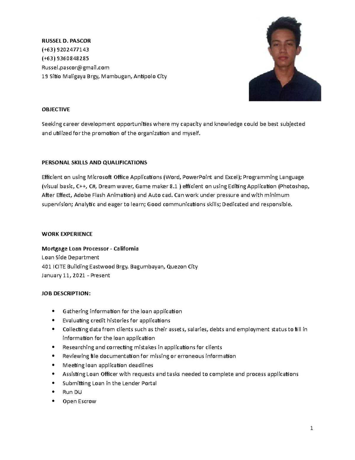 Russel Pascor - Resume 1 - RUSSEL D. PASCOR (+63) 9202477143 (+63 ...