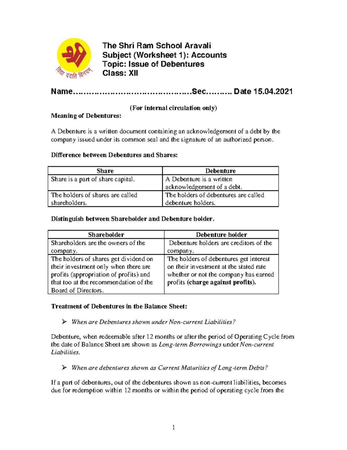 CL12 Accounts Issue of Debentures Worksheet 1 15 - The Shri Ram School ...