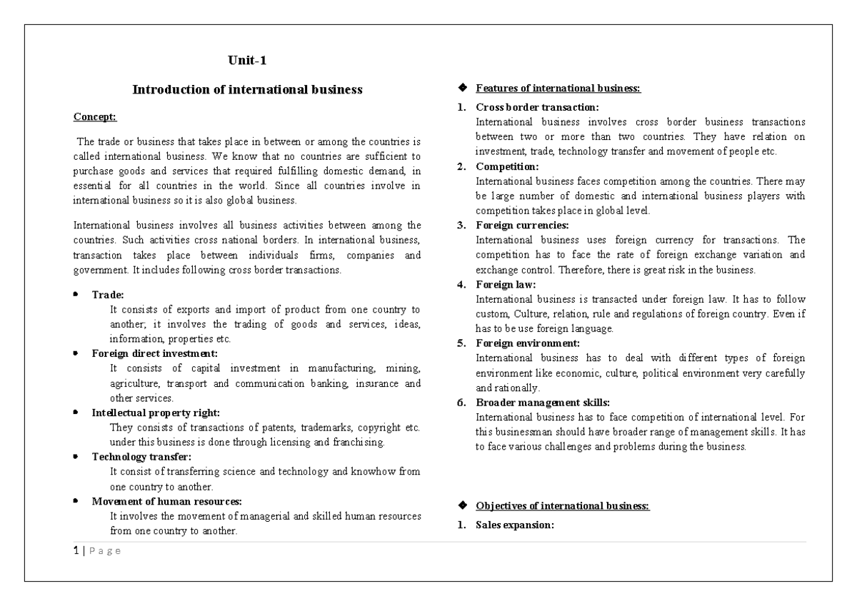 IB FULL NOTE - International business - Unit- Introduction of ...
