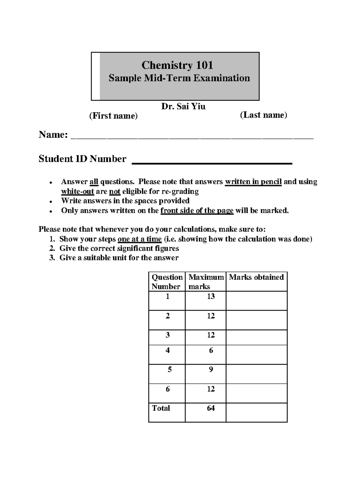 Midterm February 2018, answers - Chemistry 101 Sample Mid-Term ...