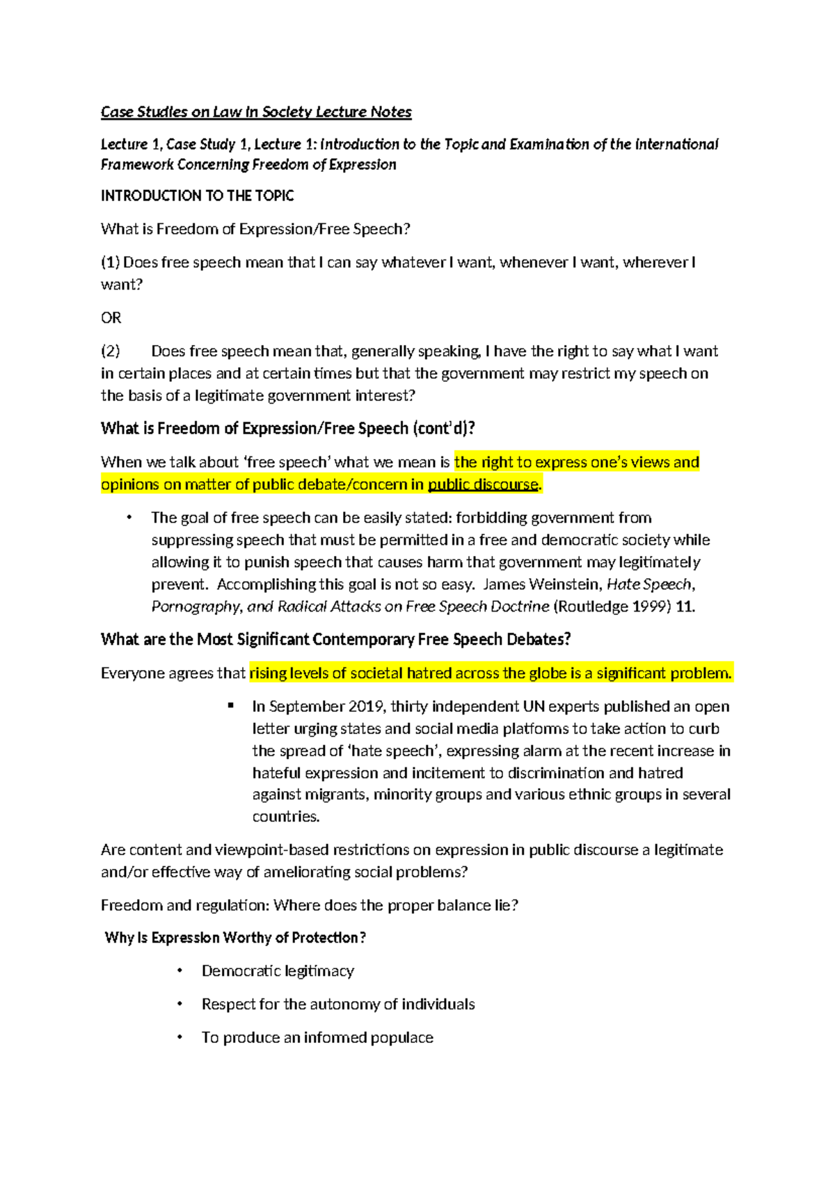 Case Studies on Law in Society Lecture Notes - The goal of free speech ...