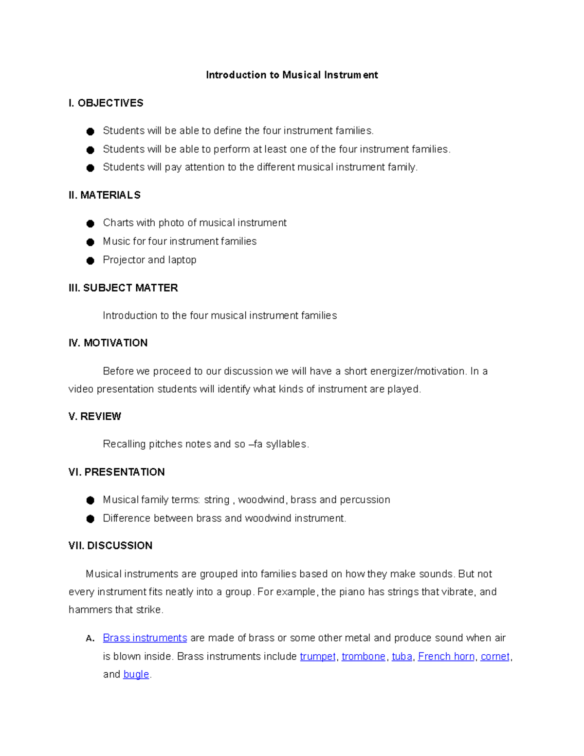 Lesson Plan in Introduction to Musical Instrument Introduction to