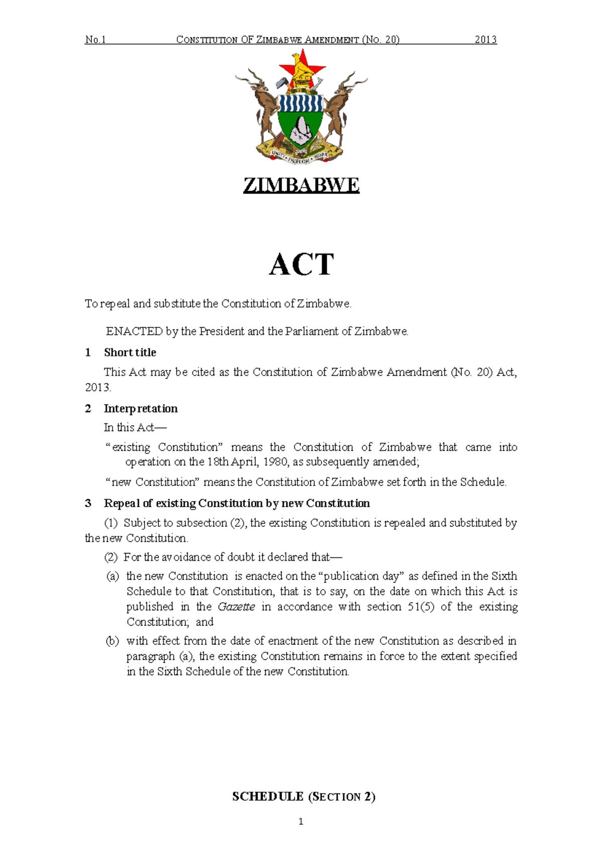 Copac Constitution of Zimbabwe Amendment (No. 20) ZIMBABWE ACT To
