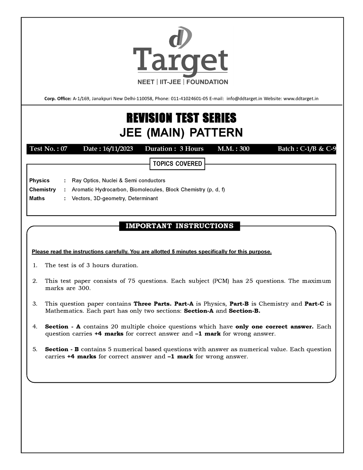 07 16-11-2023 C-1,C-(B) & C-9. Test Paper - TOPICS COVERED Physics ...