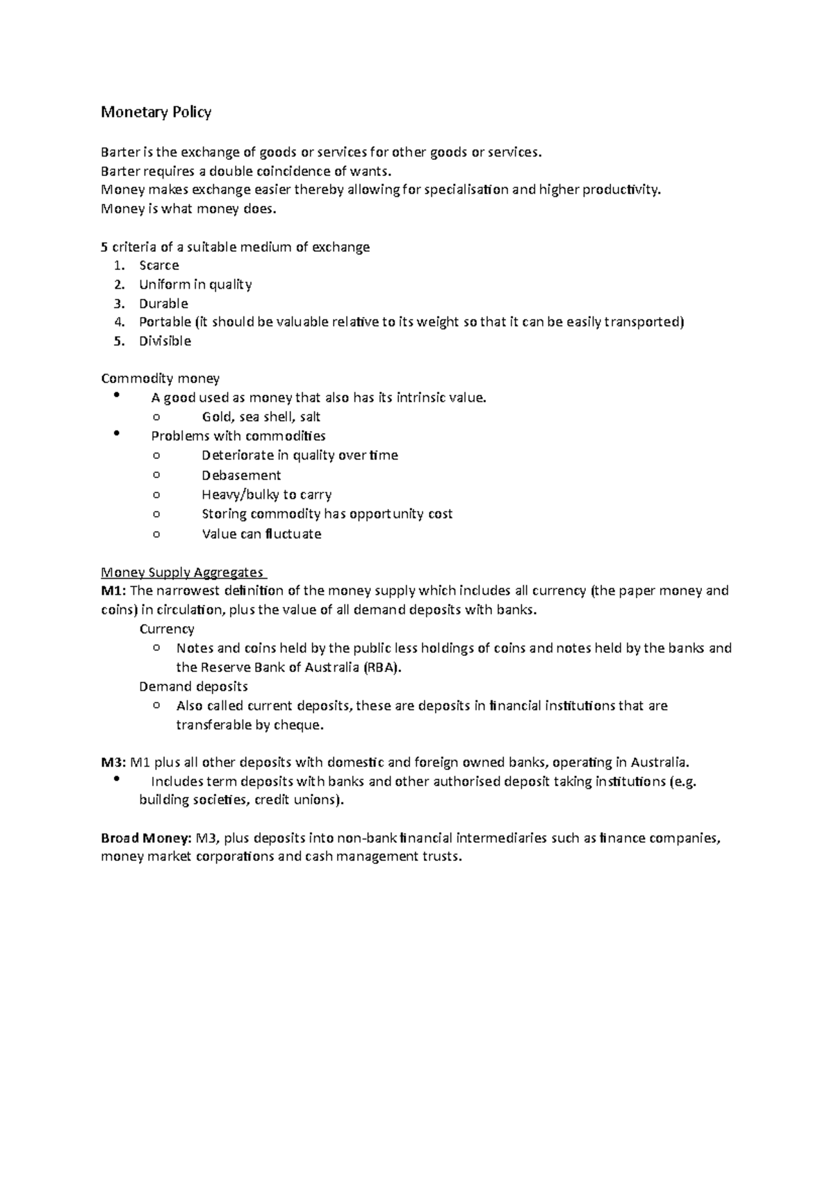 Monetary Policy - Lecture notes 10 - Monetary Policy Barter is the ...