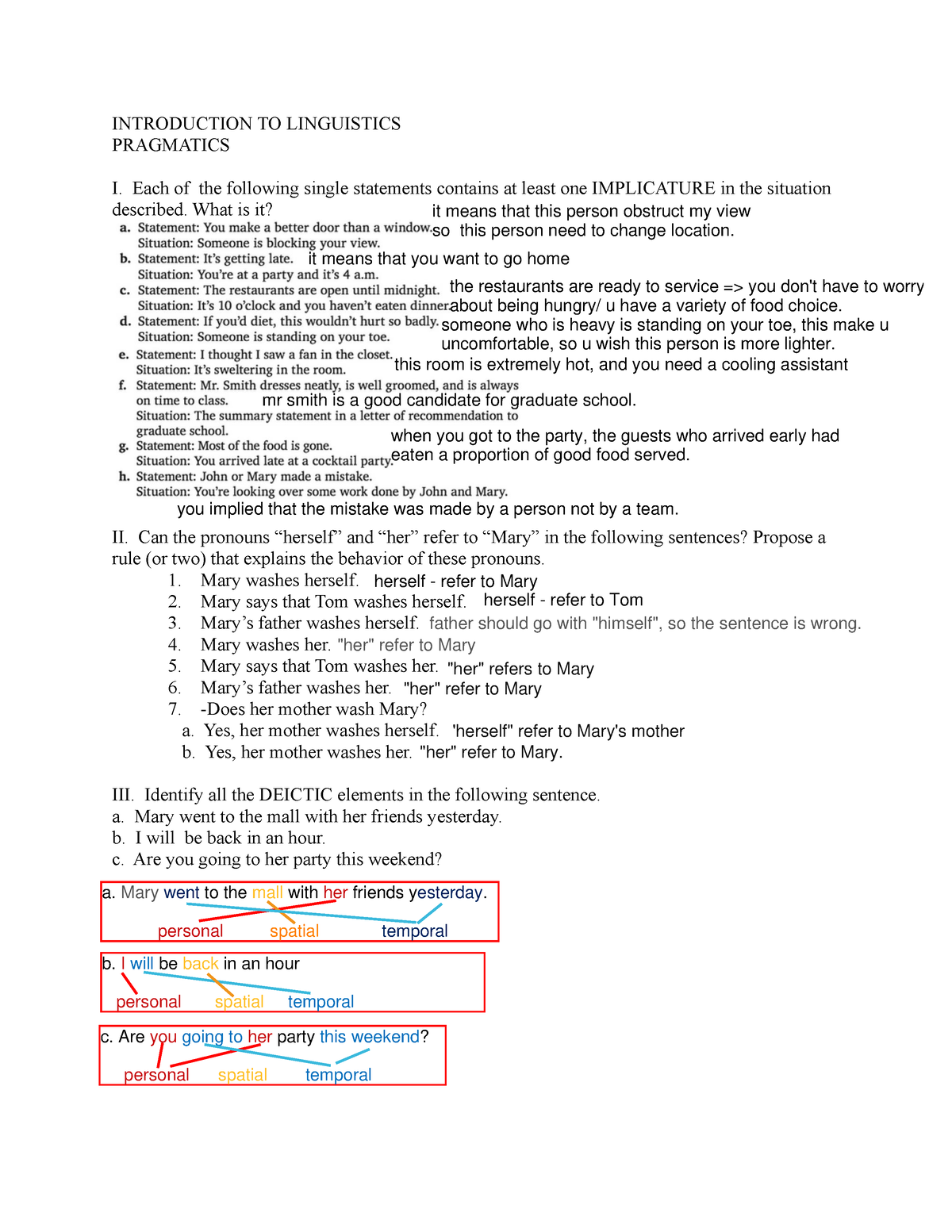 Pragmatics Assignment - INTRODUCTION TO LINGUISTICS PRAGMATICS I. Each ...