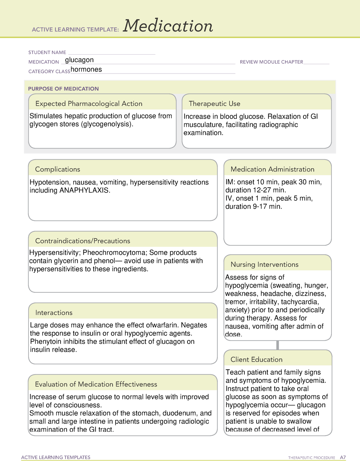 Glucagon Med card ACTIVE LEARNING TEMPLATES THERAPEUTIC PROCEDURE A