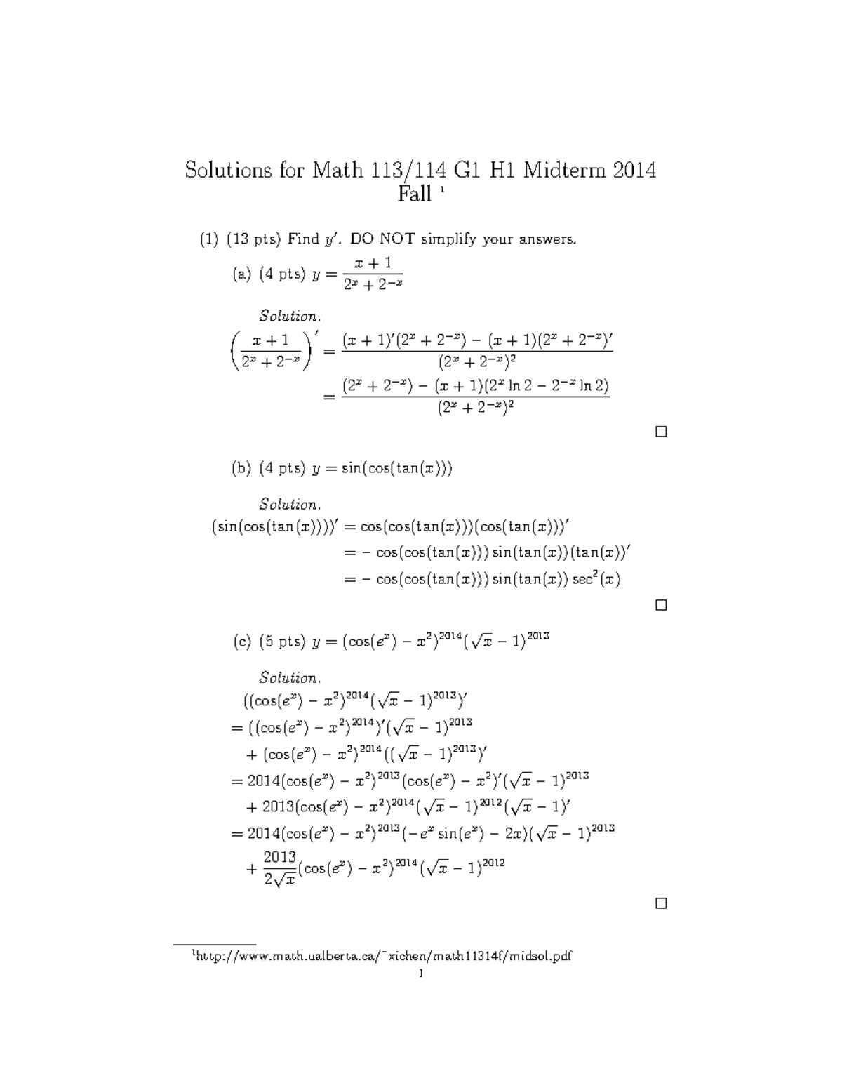 Midterm 9 December Fall 14 Answers Solutions For Math 113 114 G1 H1 Midterm 14 Fall 1 1 13 Studocu