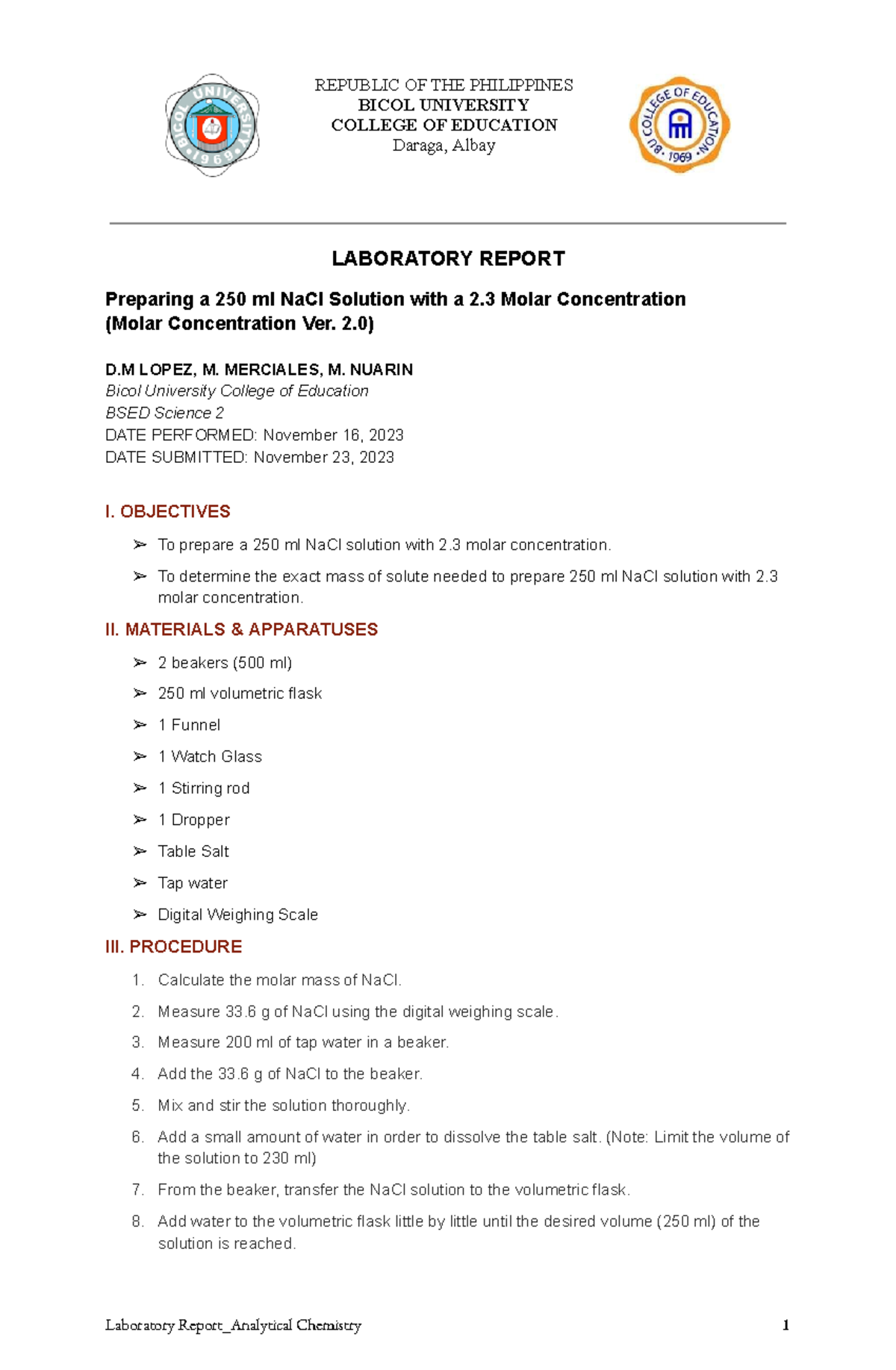 Ana Chem Lab Report (Na Cl) REPUBLIC OF THE PHILIPPINES BICOL