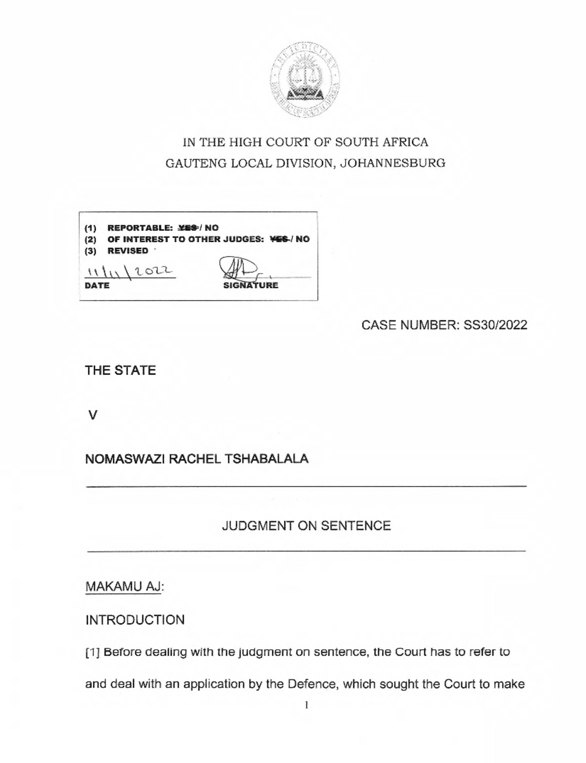 S v Tshabalala - Plea of guilty - IN THE HIGH COURT OF SOUTH AFRICA ...