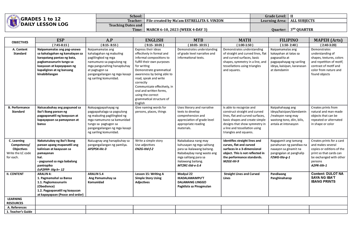 DLL ALL Subjects 2 Q3 W4 D3 - GRADES 1 to 12 DAILY LESSON LOG School ...