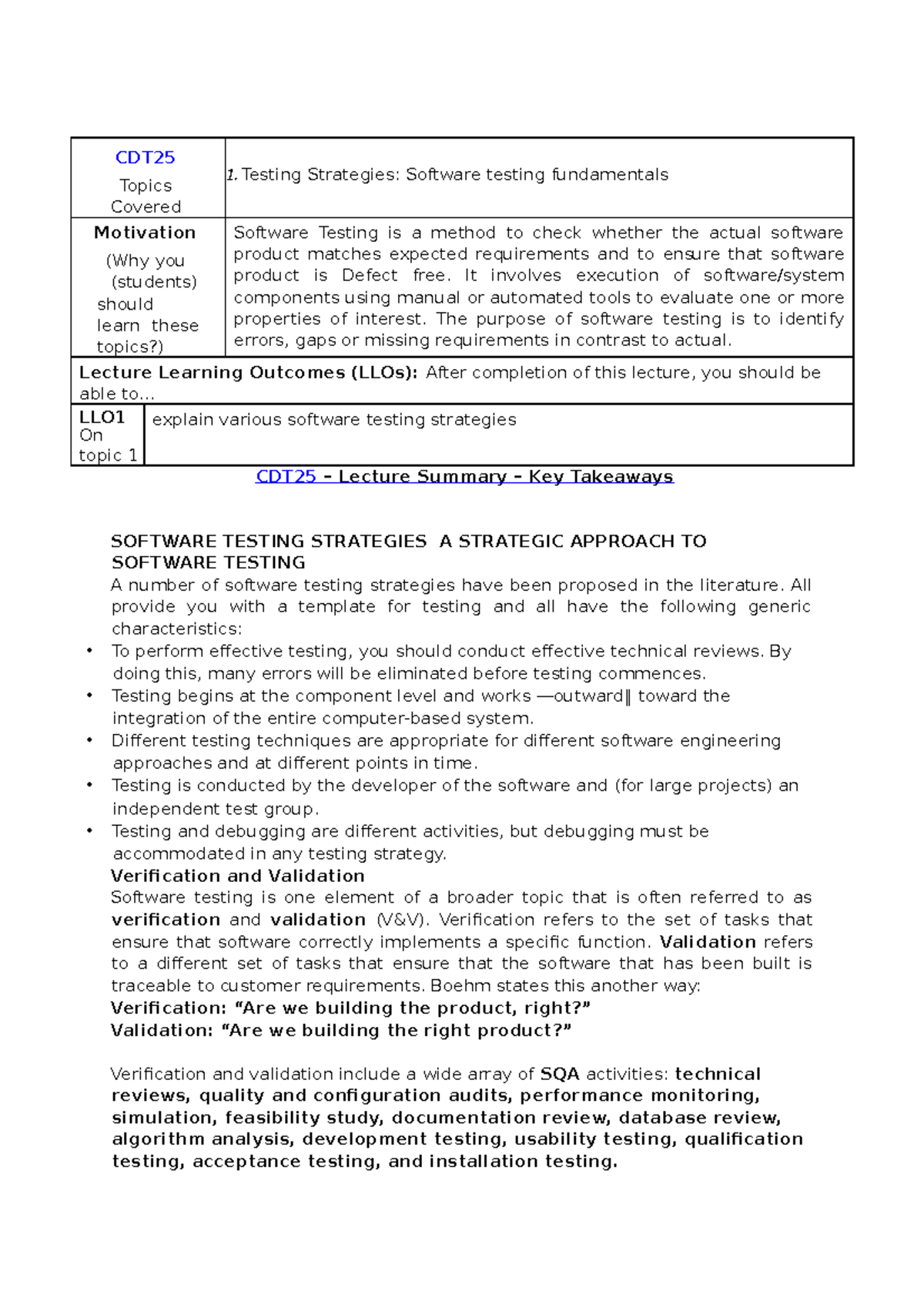 Testing Strategies Software testing fundamentals CDT Topics Covered