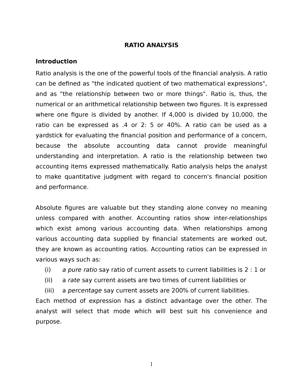 an essay on ratio analysis